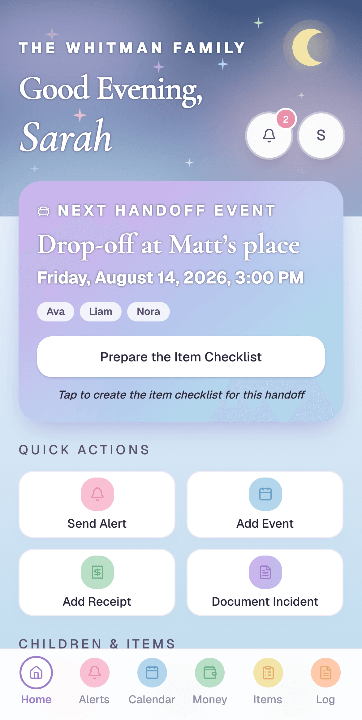 The Same Page home screen: the next handoff event with the children going along, quick actions, and the app's six-tab navigation.